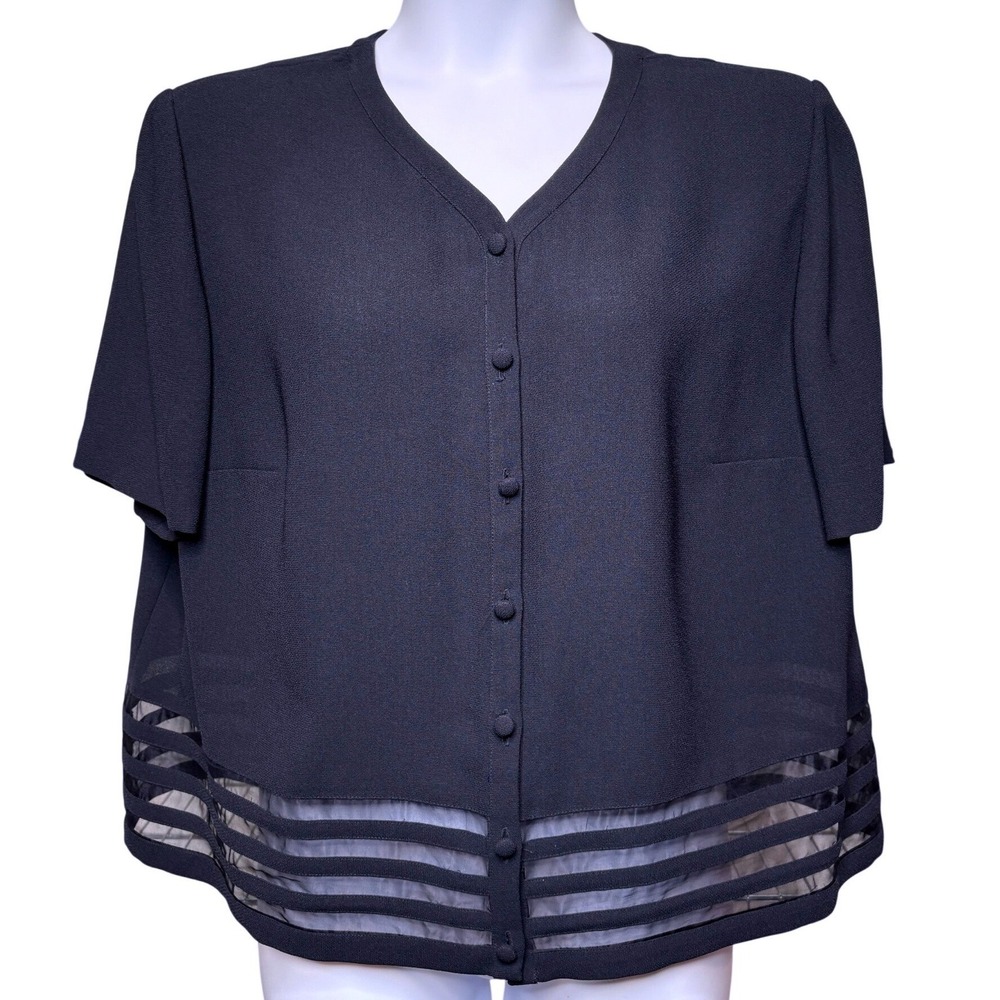 CYNTHIA HOWIE MAGGY BOUTIQUE Black Sheer Silk Stripes Buttoned Blouse 18W Dressy